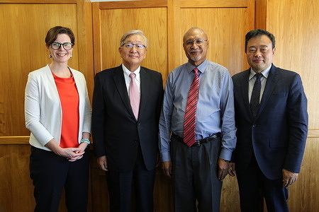 (From left) Dr Angela Pratt, Executive Officer to the Regional Director; Dr Shin Young-soo, WHO Regional Director for the Western Pacific; Honourable Sir Dr Puka Temu, Minister for Health, Papua New Guinea; and Dr Luo Dapeng, WHO Representative in Papua New Guinea, during the 2018 Asia-Pacific Economic Cooperation (APEC) discussion series on ensuring the region’s health security through primary healthcare. Note: Title reflects the respective position of the subject at the time the photo was taken.