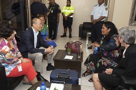 WHO Regional Director Dr Takeshi Kasai and Nauru Hon Minister of Health Charmaine Scotty meets at Nauru International Airport Note: Title reflects the respective position of the subject at the time the photo was taken.
