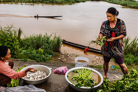 Women washing vegetables in the Mekong River.