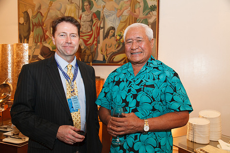 Day 1: Dr Mark Jacobs, Director, Communicable Diseases (DCD) (left), and Honourable Tuitama Leao Talalelei Tuitama, Minister of Health and head of delegation of Samoa, during the cocktail event for the heads of delegations hosted by the Government of Australia, 64th session of the World Health Organization Regional Committee for the Western Pacific, Manila Hotel, Manila, Philippines, 21–25 October 2013. Note: Title reflects the respective position of the subject at the time the photo was taken.