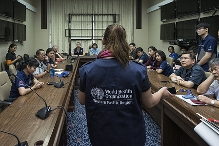 Marie Chantal Larrucea, Technical Officer of the WHO Emergency Medical Teams speaks at the training press conference during the Bi-Regional ASEAN Simulation exercises organized by WHO from 21-22 February 2019 in Bangkok, Thailand. Note: Title reflects the respective position of the subject at the time the photo was taken.