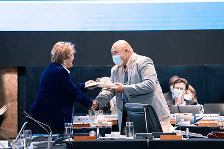 Day 5: Honourable Dr Saia Mau Piukala (right), Minister of Health, Chief Representative, Tonga and RCM Vice-Chairperson , receives a token of appreciation from Dr Zsuzsanna Jakab, Deputy Director-General and Officer-in-Charge for the Western Pacific Region, at the 73rd WHO Regional Committee for the Western Pacific in Manila, Philippines from 24 to 28 October 2022.    Read more: https://www.who.int/westernpacific/about/governance/regional-committee/session-73 Note: Title reflects the respective position of the subject at the time the photo was taken. Disclaimer: This image was captured during the global response to the COVID-19 pandemic. While the contents of this image might not be directly related to COVID, processes reflect the guidance communicated by local public health authorities at the time of its capture. Please note, public health guidance differs among countries and is indicative of the local context.