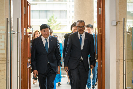 Dr Tedros Adhanom Ghebreyesus (right), WHO Director-General, with Mongolian Minister of Health Sodnom Chinzorig during his visit in Mongolia from 10–12 July.   Read more: https://www.who.int/mongolia/news/detail/12-07-2023-who-director-general-visits-mongolia--discusses-enhanced-cooperation-on-achieving-health-for-all Note: Title reflects the respective position of the subject at the time the photo was taken.