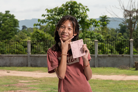 A young girl poses after receiving an HPV vaccine in Vientiane Capital.   Related: https://www.who.int/laos/news/detail/08-08-2023-2023-dates-announced-for-hpv-vaccination-schools-campaign-for-lao-pdr