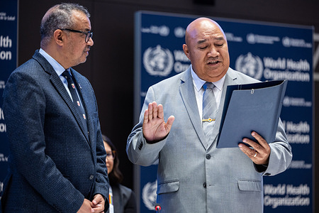 Dr Saia Ma’u Piukala takes the oath of office as he is appointed as the new WHO Regional Director for the Western Pacific (as of 1 February 2024) during the 154th session of the WHO Executive Board at WHO Headquarters in Geneva, Switzerland.    Read more:  https://www.who.int/westernpacific/news/item/23-01-2024-dr-saia-ma-u-piukala-appointed-who-regional-director-for-the-western-pacific https://www.who.int/about/accountability/governance/executive-board/executive-board-154th-session Note: Title reflects the respective position of the subject at the time the photo was taken.