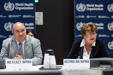 Acting Regional Director for the Western Pacific Dr Zsuzsanna Jakab (right) speaks during the appointment of Dr Saia Ma’u Piukala as the new WHO Regional Director for the Western Pacific (as of 1 February 2024) during the 154th session of the WHO Executive Board at WHO Headquarters in Geneva, Switzerland.    Read more:  https://www.who.int/westernpacific/news/item/23-01-2024-dr-saia-ma-u-piukala-appointed-who-regional-director-for-the-western-pacific https://www.who.int/about/accountability/governance/executive-board/executive-board-154th-session Note: Title reflects the respective position of the subject at the time the photo was taken.