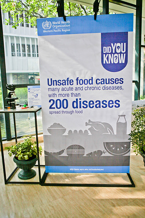 Exhibit at the lobby of the Conference Hall of the Regional Office for the Western Pacific. World Health Day 2015 is an opportunity to alert people working in different government sectors, farmers, manufacturers, retailers, health practitioners – as well as consumers – about the importance of food safety, and the part each can play in ensuring that everyone can feel confident that the food on their plate is safe to eat. WHD 2015 theme: Food Safety: From farm to plate, make food safe   Related: https://www.who.int/news-room/events/detail/2015/04/07/default-calendar/world-health-day-2015